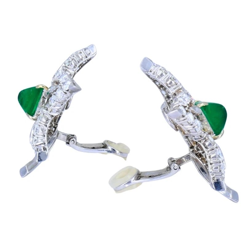 Vintage Platinum Diamond Floral EARRINGS Sugarloaf Emerald Estate Jewelry - 4