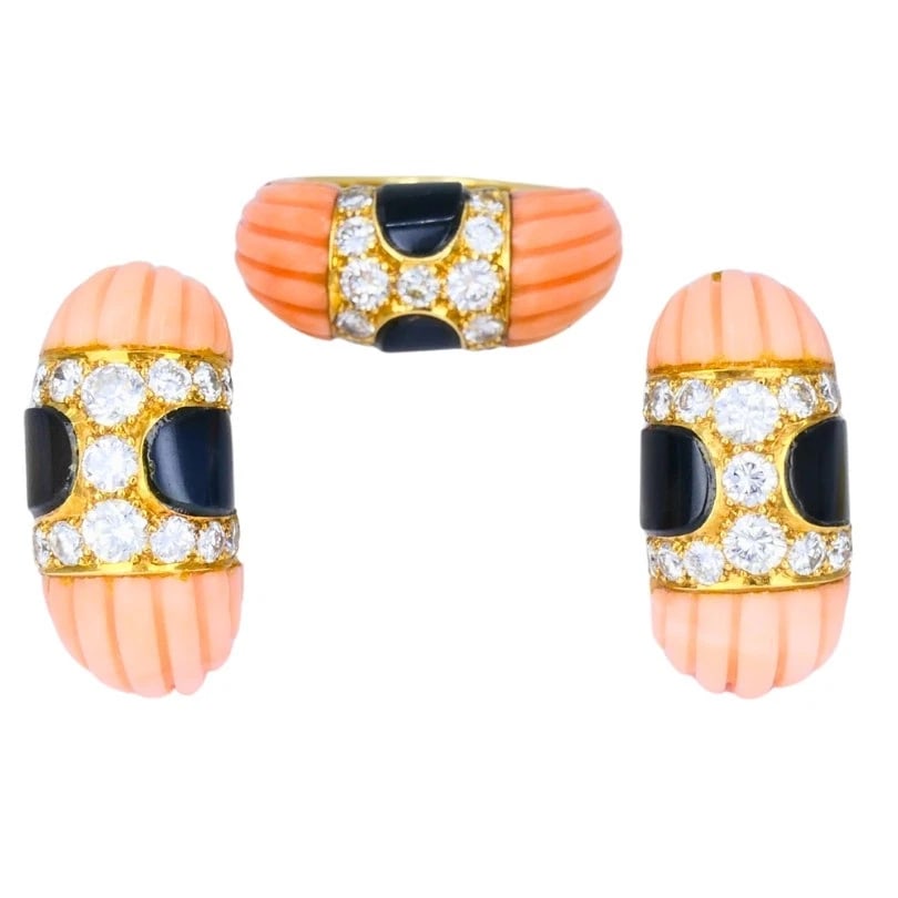 Vintage Cartier SET Coral Onyx Diamond 18k Gold RING and EARRINGS Estate Jewelry - 4