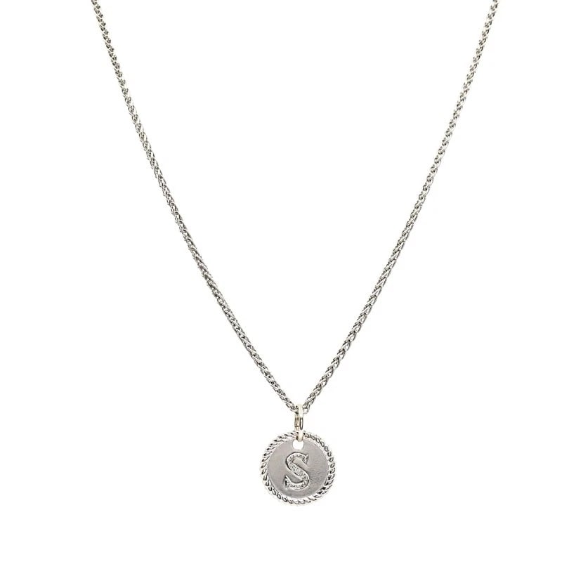 18k White Gold Monogram "S" Pendant Necklace: ES UGOO Product details: MATERIALS: 18k Gold GEMSTONE: Diamond WEIGHT: Pendant - 6.1 Grams, Chain - 11.2 Grams MEASUREMENTS: Pendant - 3/4", Chain - 15" HALLMARKS: Italy, 750, 18K ITEM DETAILS: 18k