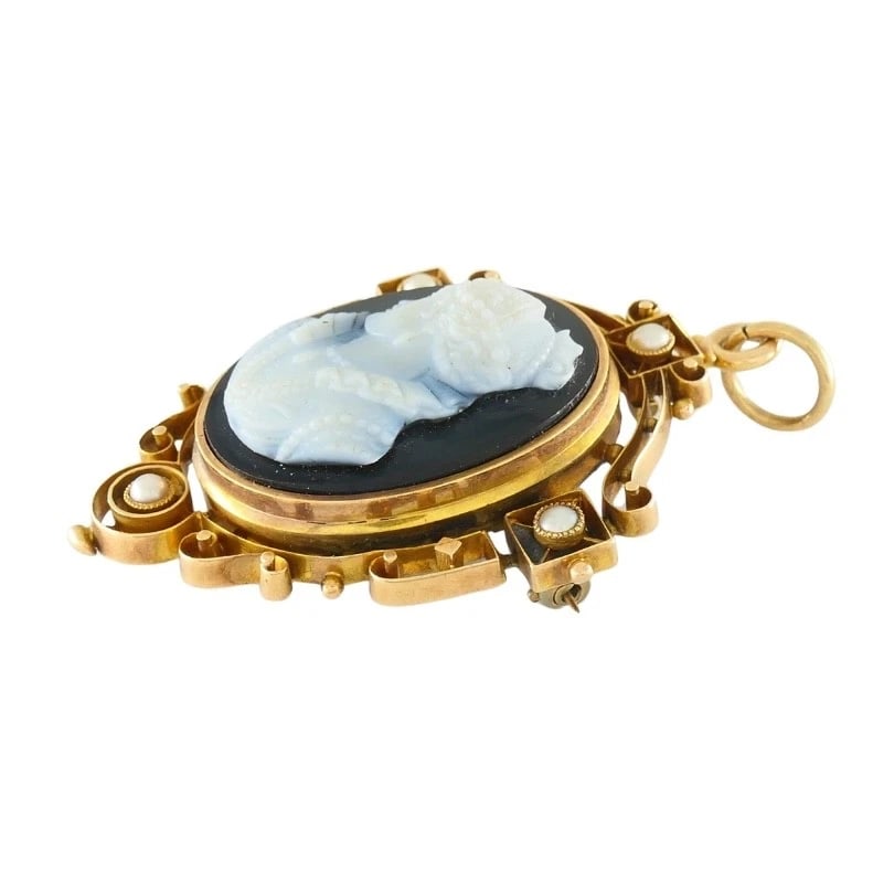 Antique 12k Gold Agate Cameo Pendant Brooch Seed Pearls - 3