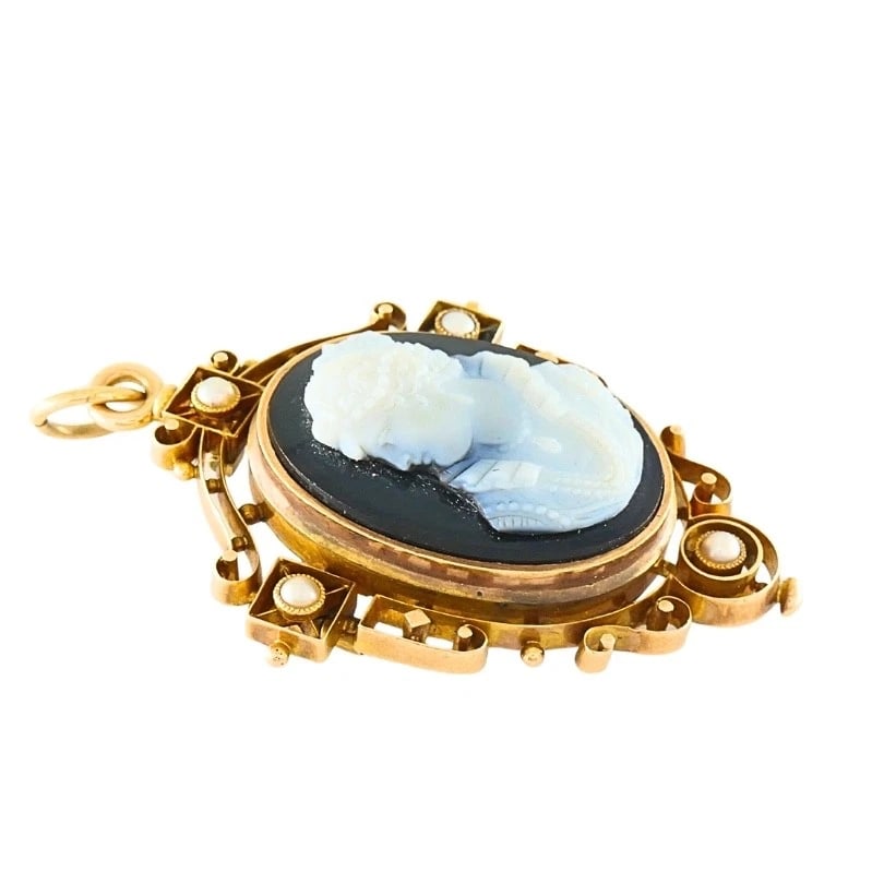 Antique 12k Gold Agate Cameo Pendant Brooch Seed Pearls - 4