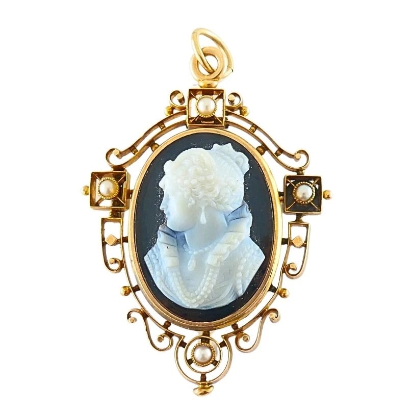 Antique 12k Gold Agate Cameo Pendant Brooch Seed Pearls - 6