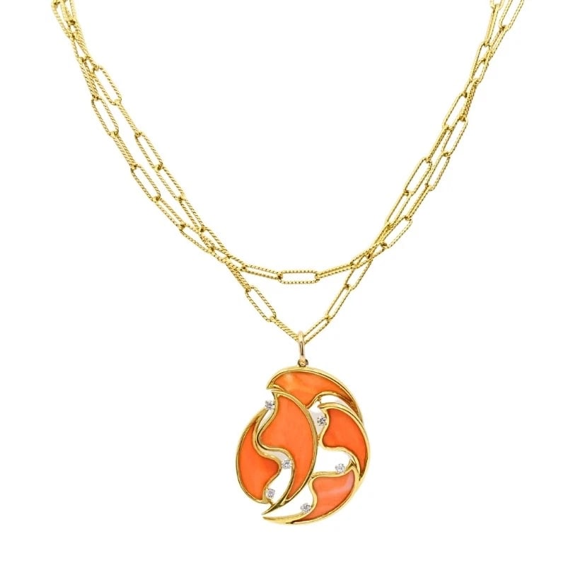 French 18k Diamond Coral Pendant 14k Gold Chain Necklace: ES GTOO Product details: MATERIALS: 14k Gold Chain, 18k Gold Pendant GEMSTONE: Coral, Diamond WEIGHT: Pendant - 19 Grams, Chain - 33 Grams MEASUREMENTS: Pendant - 1 11/16" x 2", Chain - 3/16" x 36" HA