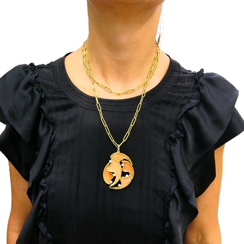 French 18k Diamond Coral Pendant 14k Gold Chain Necklace - 2