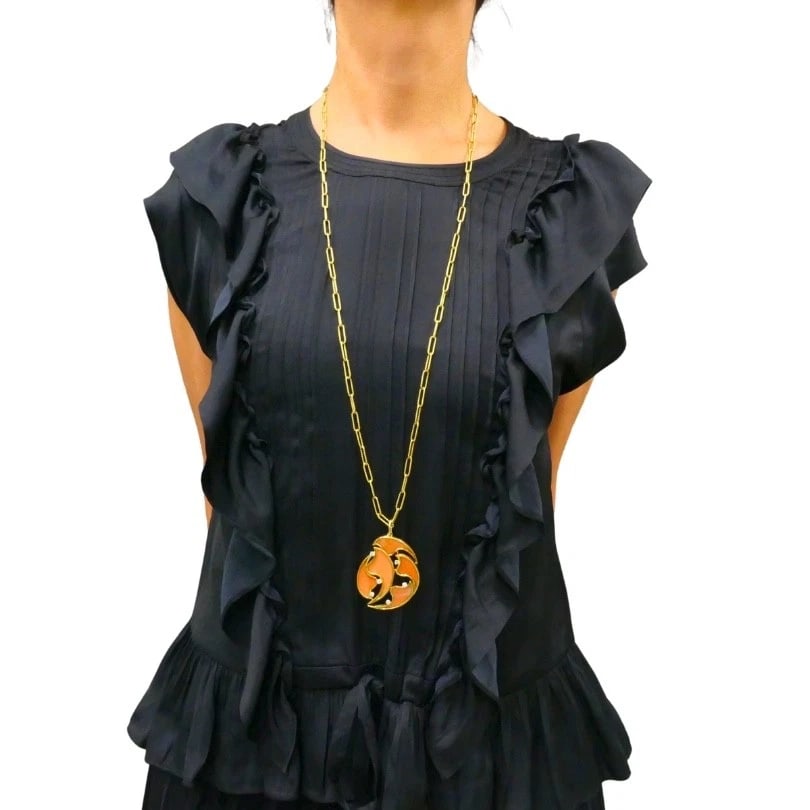 French 18k Diamond Coral Pendant 14k Gold Chain Necklace - 3