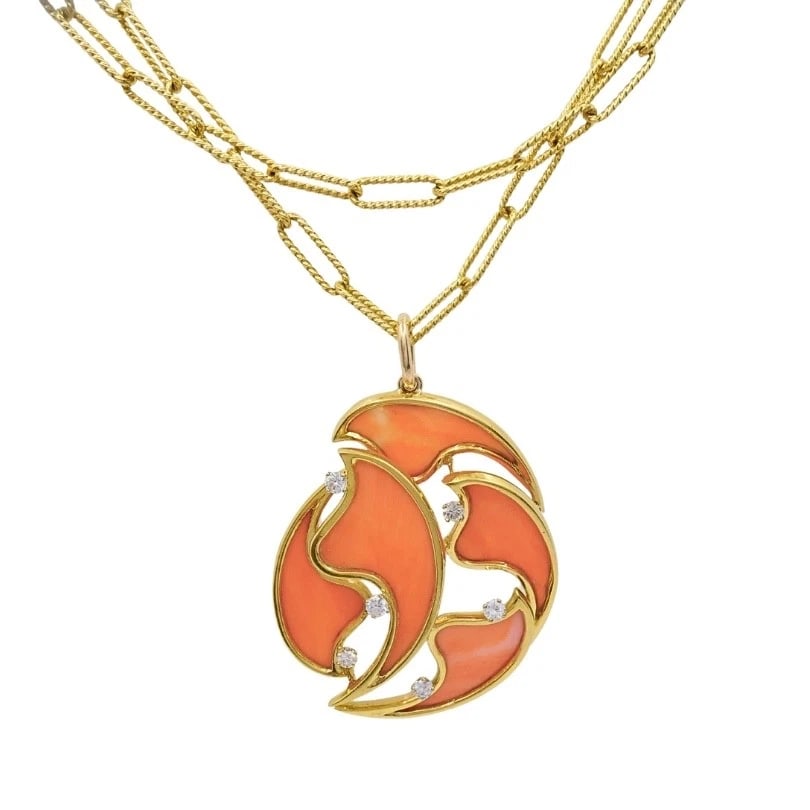 French 18k Diamond Coral Pendant 14k Gold Chain Necklace - 4
