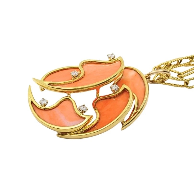 French 18k Diamond Coral Pendant 14k Gold Chain Necklace - 6