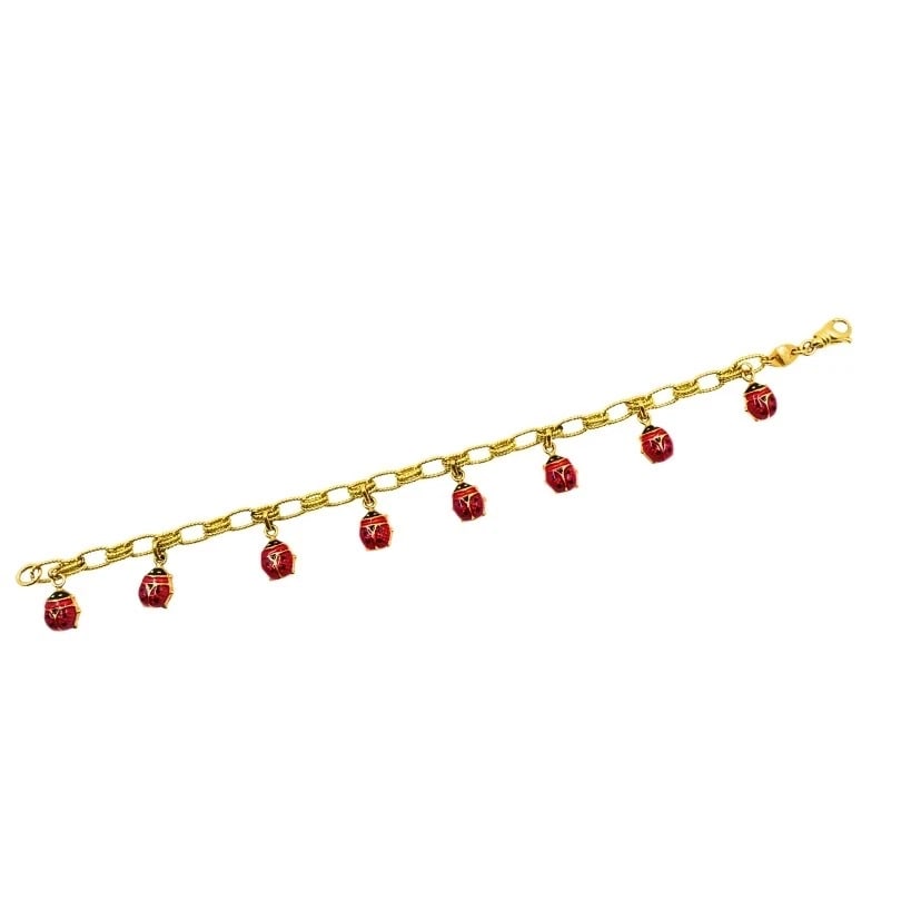 18k Gold Chain 14k Gold Enamel Ladybug Charms Bracelet - 4