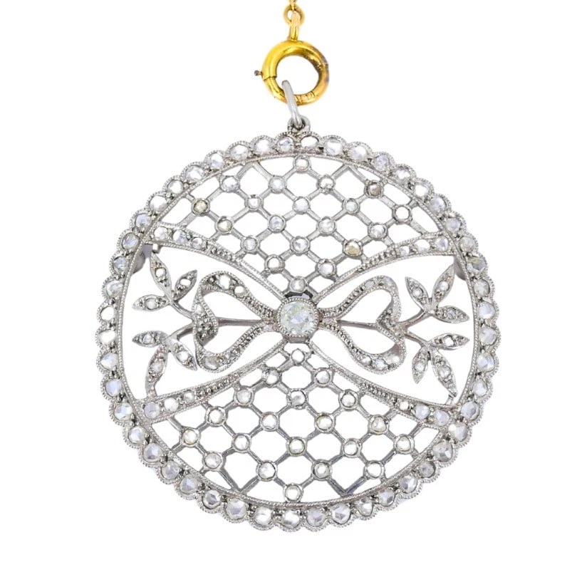 Edwardian Platinum Filigree PENDANT Necklace Diamonds 14k Gold Chain Art Deco (1 of 7)