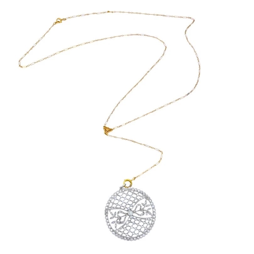 Edwardian Platinum Filigree PENDANT Necklace Diamonds 14k Gold Chain Art Deco - 4