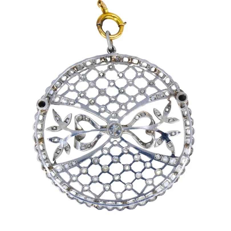 Edwardian Platinum Filigree PENDANT Necklace Diamonds 14k Gold Chain Art Deco - 6