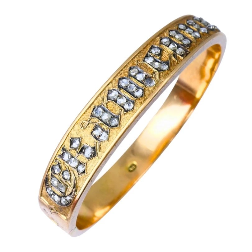 Victorian 14k Gold BRACELET Rose Cut Diamonds Antique Estate Jewelry: VK ETOO Victorian Diamond 14 karat Yellow Gold Silver Bracelet A Victorian 14k gold bracelet, featuring rose cut diamonds. The bracelet is made of yellow gold with a subtle pinkish hue, it has the war