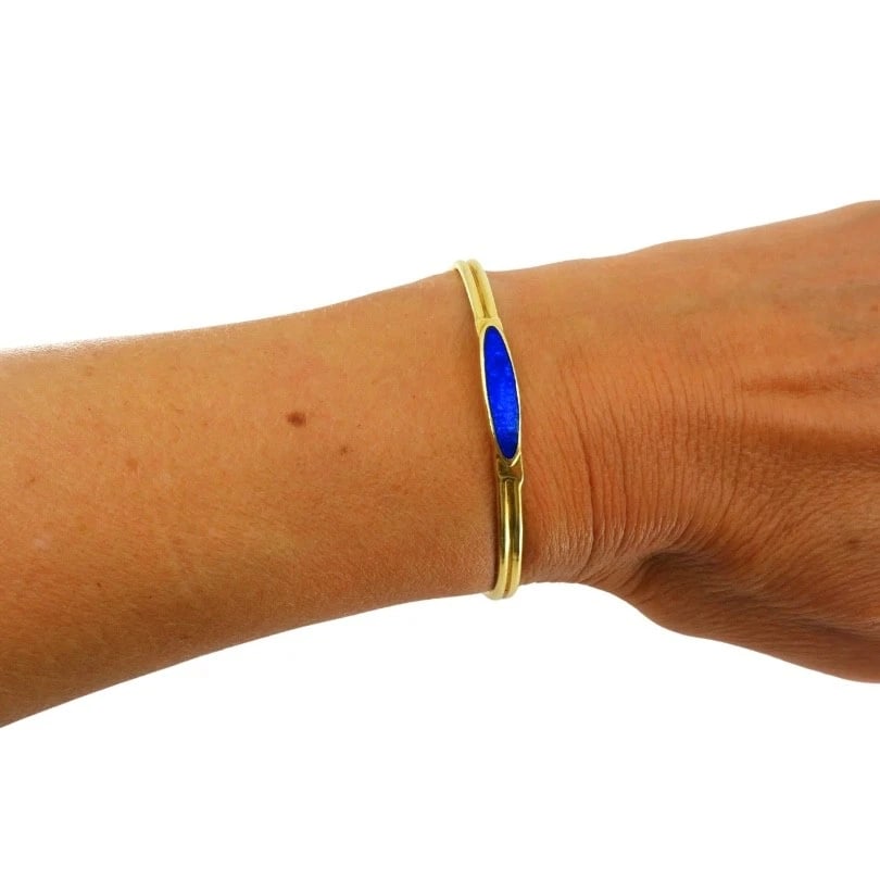 Vintage 18k Gold Blue Enamel Bangle Bracelet - 3