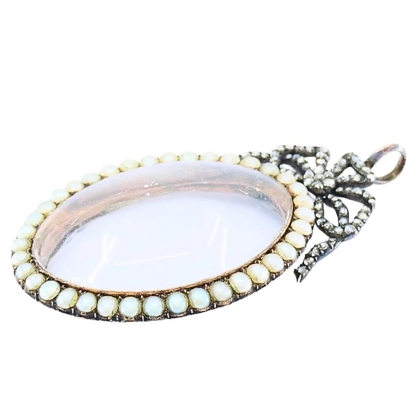 Antique 10k Gold Pearl Locket Pendant Diamond Accent Original London Box - 5