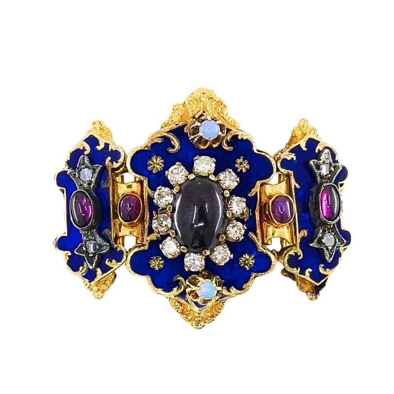 Antique Victorian 14K Gold Gemstone Enamel Buckle: ES JETO Product details: MATERIALS: 14k Gold, Enamel GEMSTONE: Garnet, Diamond, Opal WEIGHT: 26.3 Grams MEASUREMENTS: 1 1/2" x 1 5/8" ITEM DETAILS: Antique Victorian 14K Gold Gemstone Enamel Buckle A