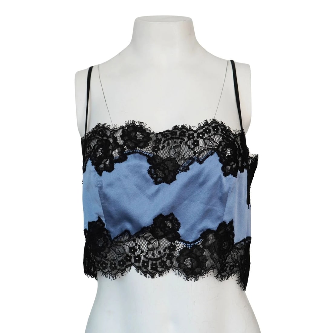 Fleur Du Mal Blue Silk Black Lace Cropped Tank Top - 2