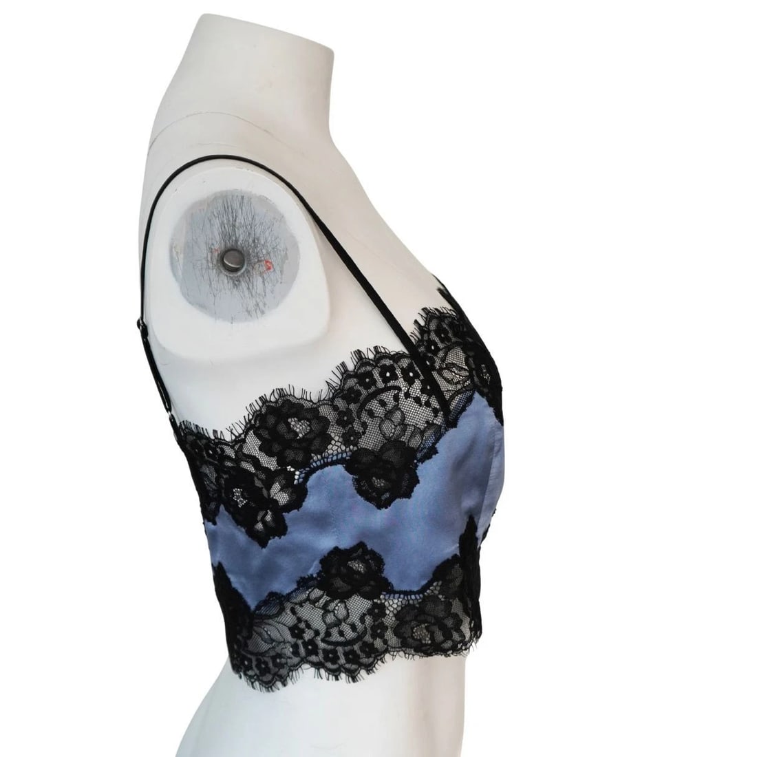 Fleur Du Mal Blue Silk Black Lace Cropped Tank Top - 6