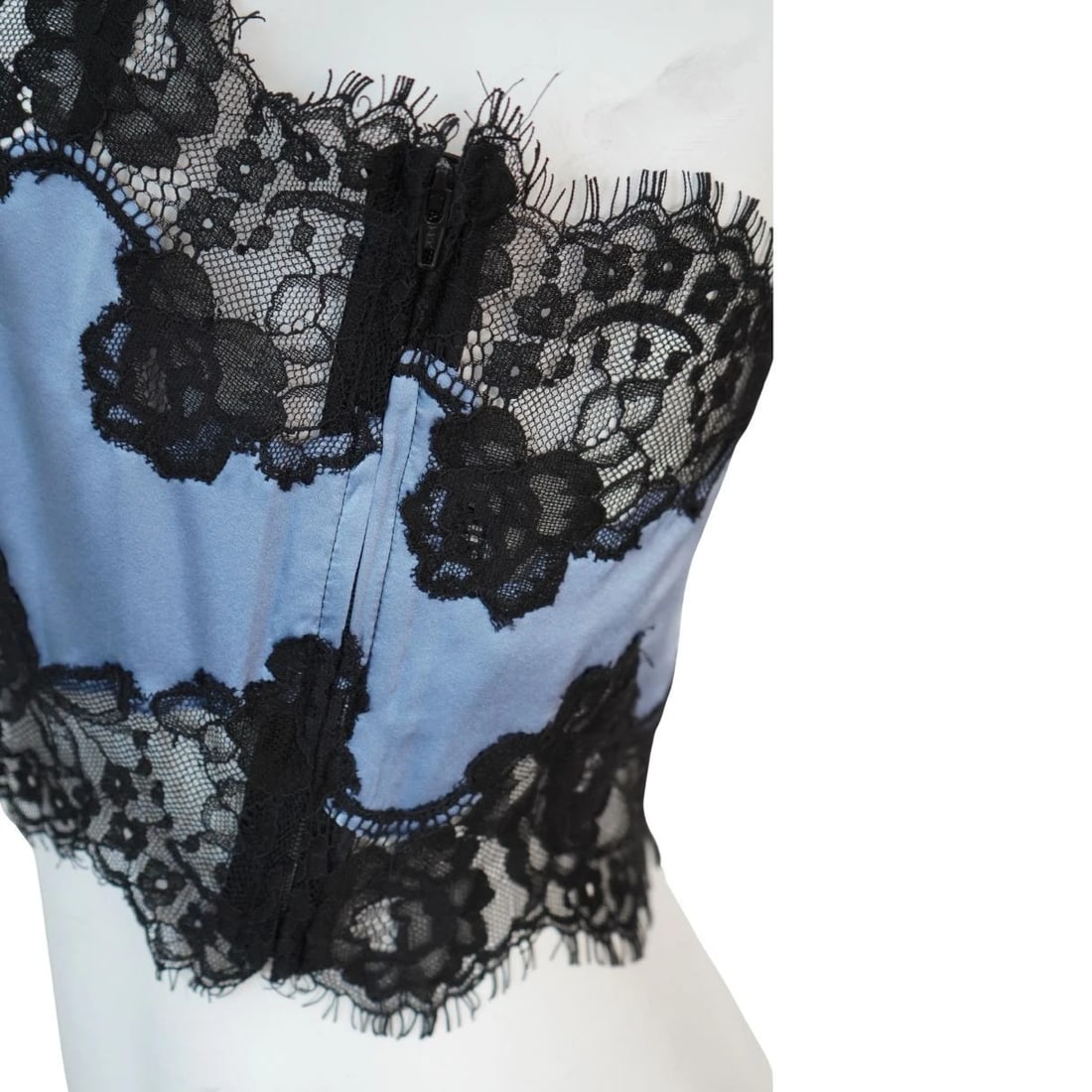 Fleur Du Mal Blue Silk Black Lace Cropped Tank Top - 7