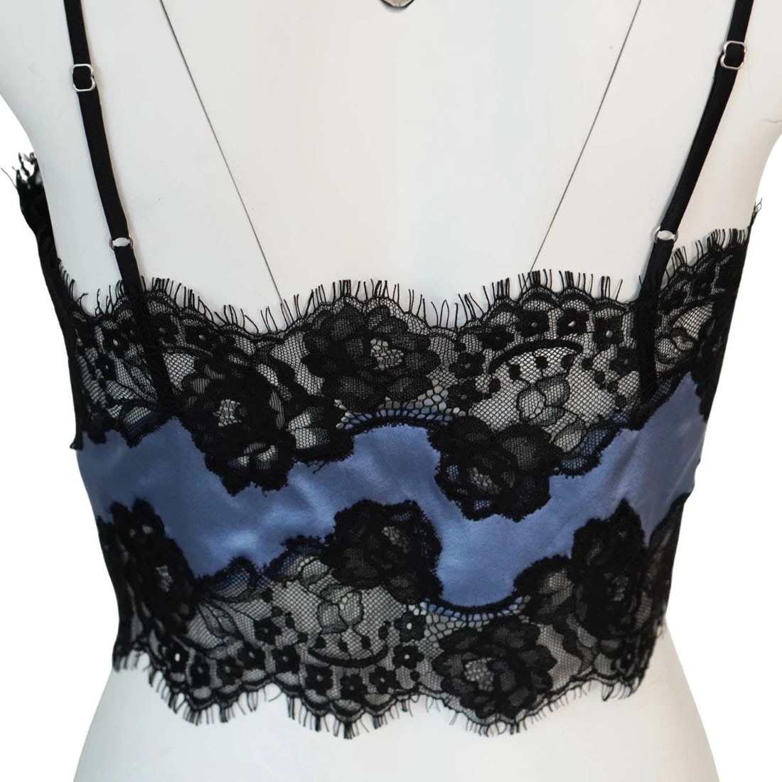 Fleur Du Mal Blue Silk Black Lace Cropped Tank Top - 8