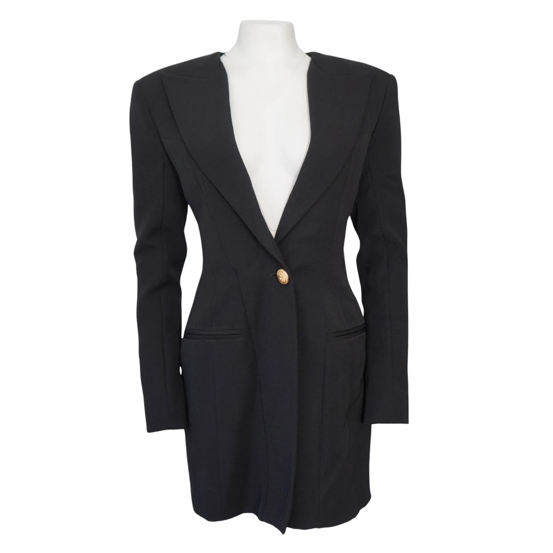 Balmain Black Wool Single Breasted Blazer Mini Dress: KL Black single button suit dress - padded shoulders Size 40 Bust 34" Waist 31" Hips 40" Length 34" Back zip closure - faux front button Button sleeve details Great overall condition Reserve: <