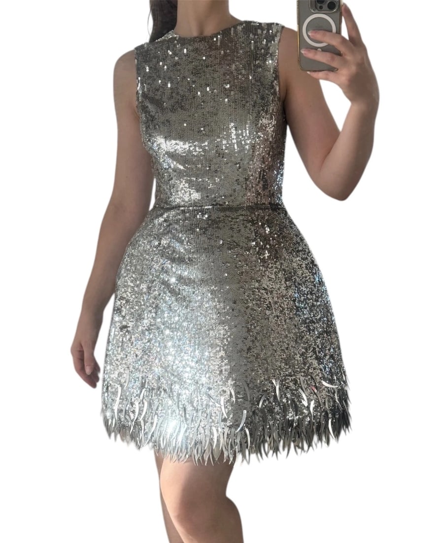 Oscar de la Renta Silver Sequined Fringe Mini Dress - 2