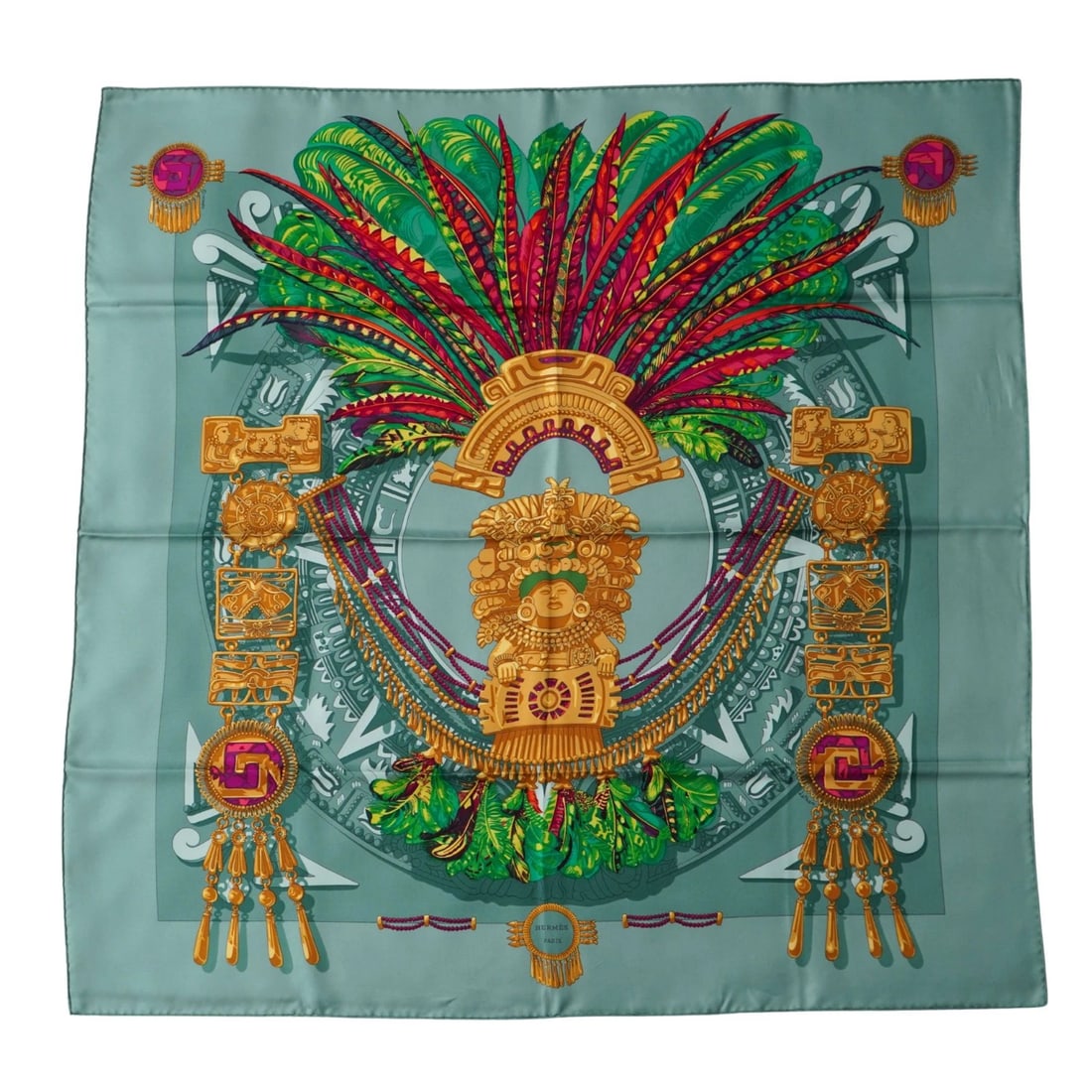 Hermès Paris 'Mexique' Silk Scarf by Caty Latham: Hermès 'Mexique' Silk Scarf by Caty Latham Size: Square 90cm Material: silk Green/Blue color Designer: Caty Latham Purchased at Hermes in 2013 Excellent condition Reserve: $440.00 Shipping: