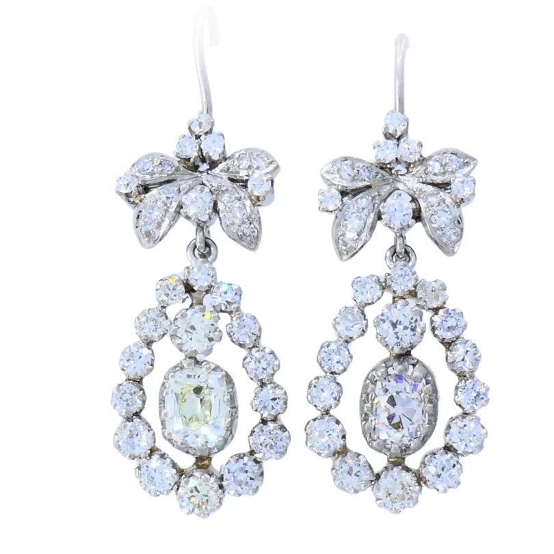 Art Deco Platinum Drop EARRINGS Old European Cushion Cut Diamonds Estate Jewelry (1 of 7)