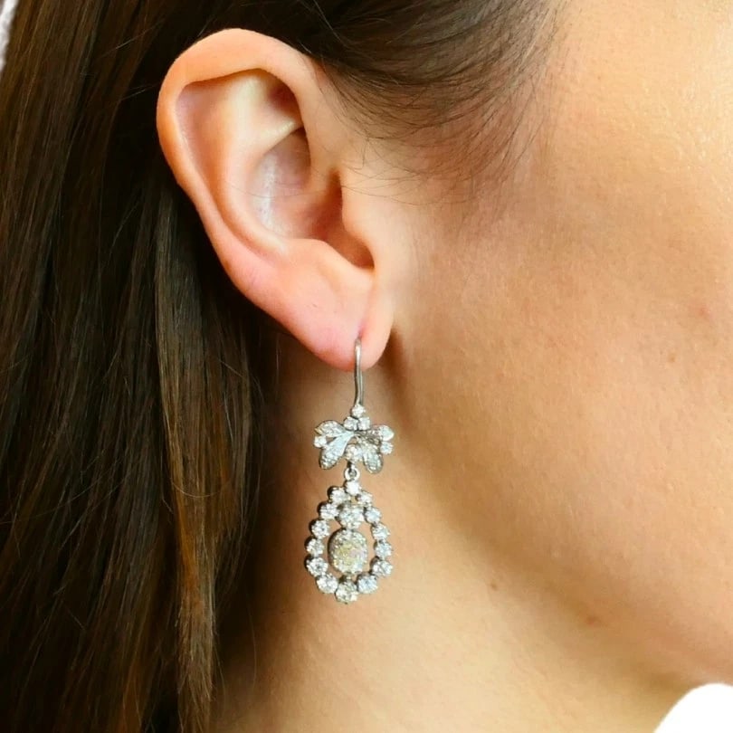 Art Deco Platinum Drop EARRINGS Old European Cushion Cut Diamonds Estate Jewelry - 3