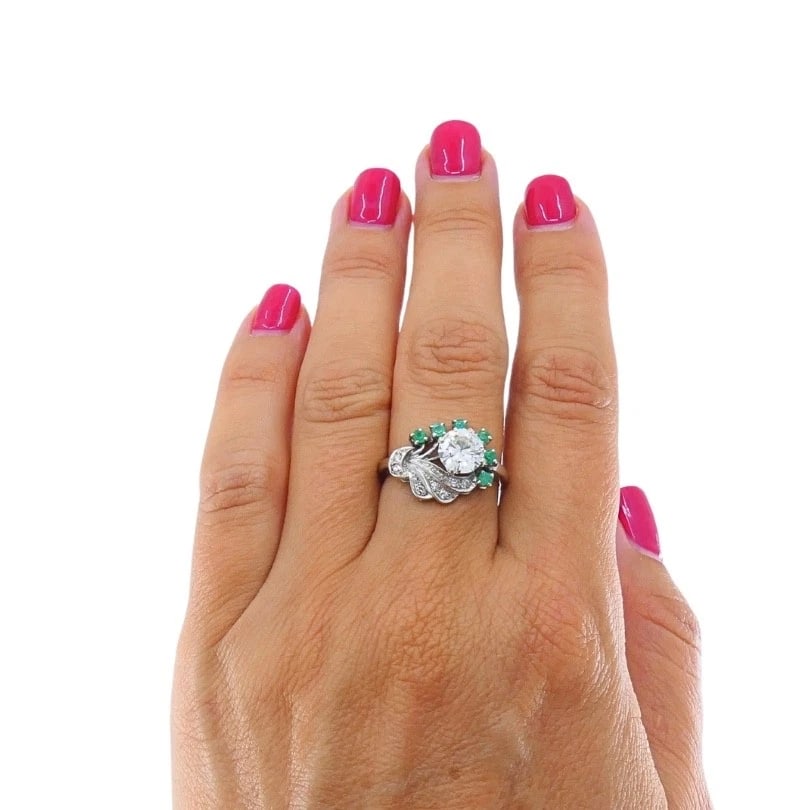 Vintage 14k White Gold Diamond Emerald Cocktail Ring - 2