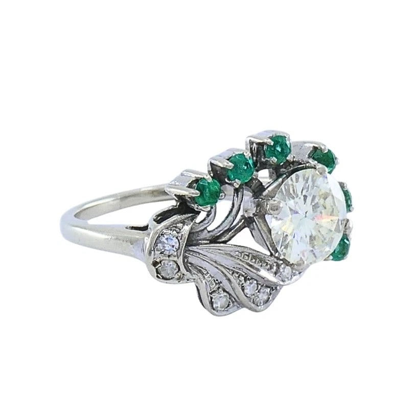 Vintage 14k White Gold Diamond Emerald Cocktail Ring - 5