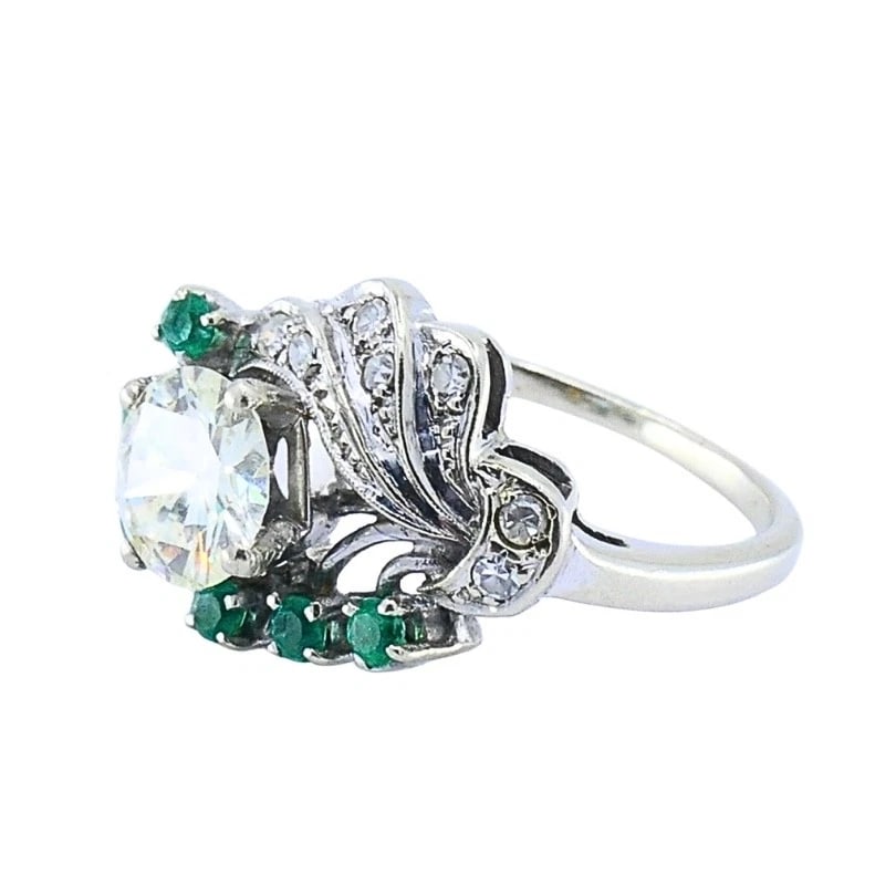Vintage 14k White Gold Diamond Emerald Cocktail Ring - 6