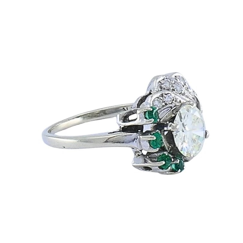 Vintage 14k White Gold Diamond Emerald Cocktail Ring - 7