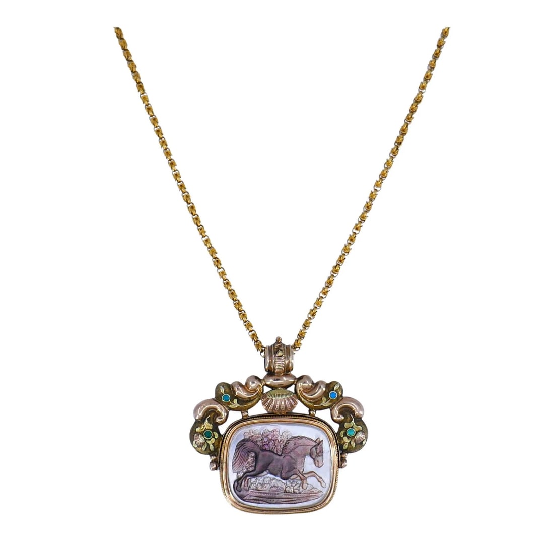 Antique Victorian Gold Mother of Pearl Equestrian Pendant Chain Necklace: KL NOOO This antique pendant necklace combines intricate artistry with substantial gold weight, making it both a wearable jewel and a collector’s treasure. The pendant is crafted in 14k gold