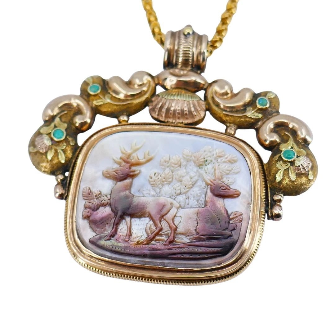 Antique Victorian Gold Mother of Pearl Equestrian Pendant Chain Necklace - 3