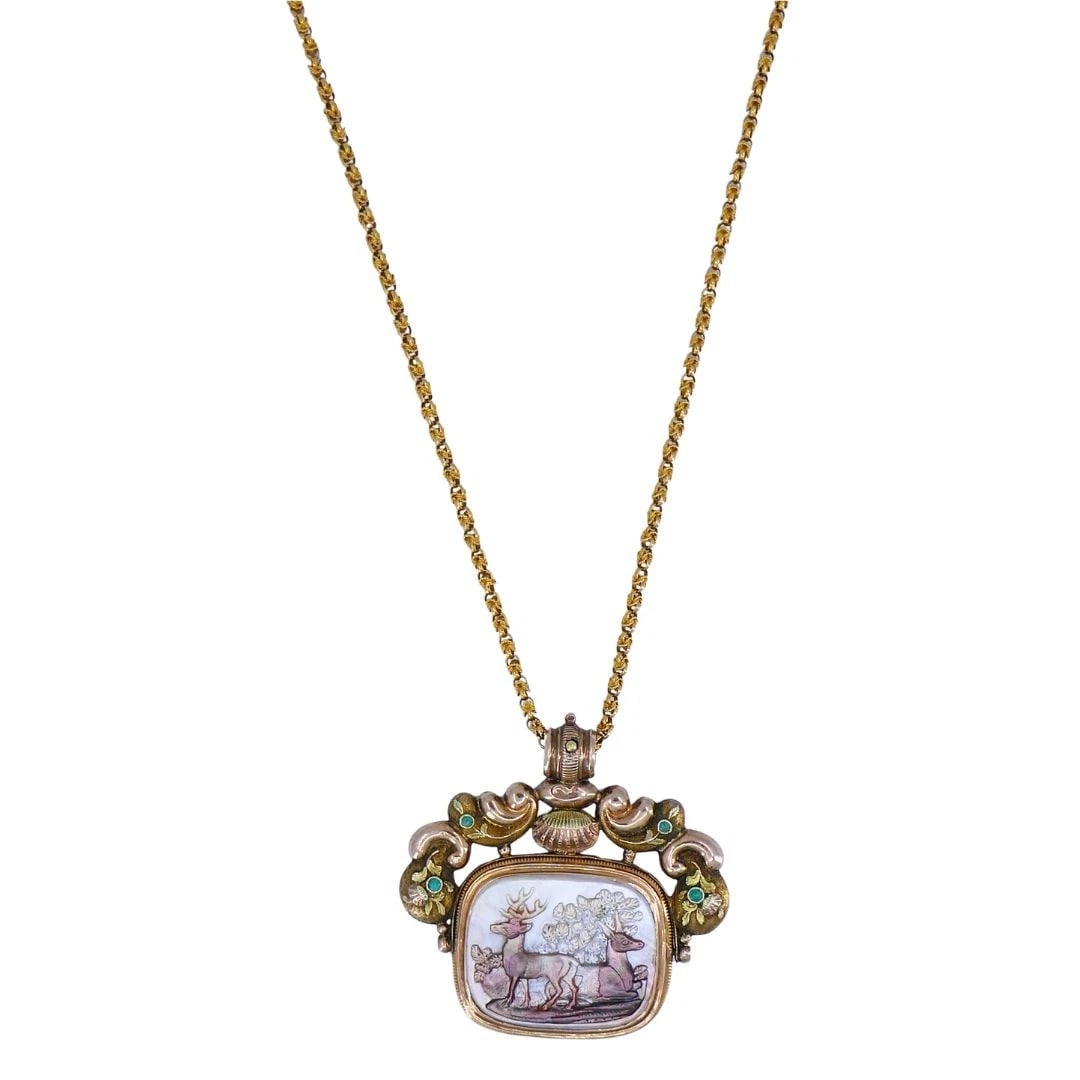 Antique Victorian Gold Mother of Pearl Equestrian Pendant Chain Necklace - 4