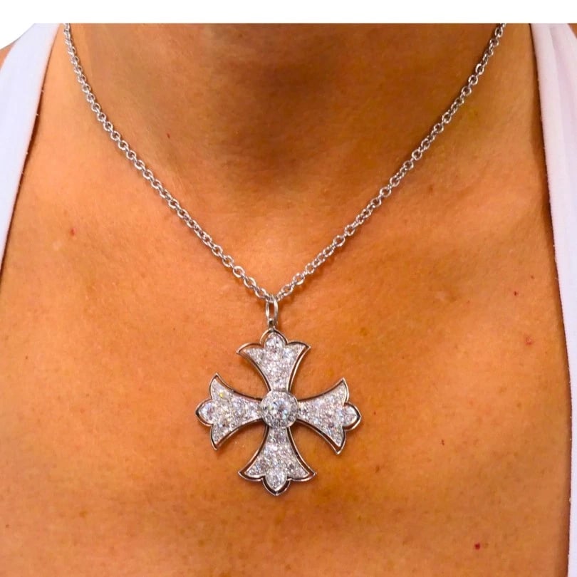 Art Deco Maltese Cross Platinum PENDANT Old European Cut Diamonds Estate Jewelry - 2