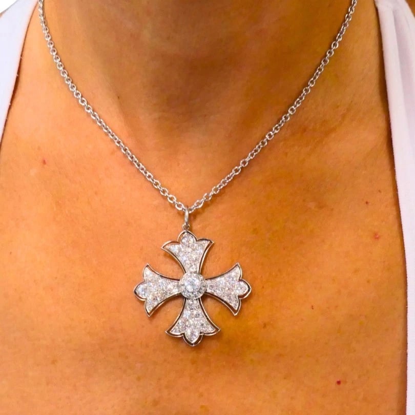 Art Deco Maltese Cross Platinum PENDANT Old European Cut Diamonds Estate Jewelry - 3