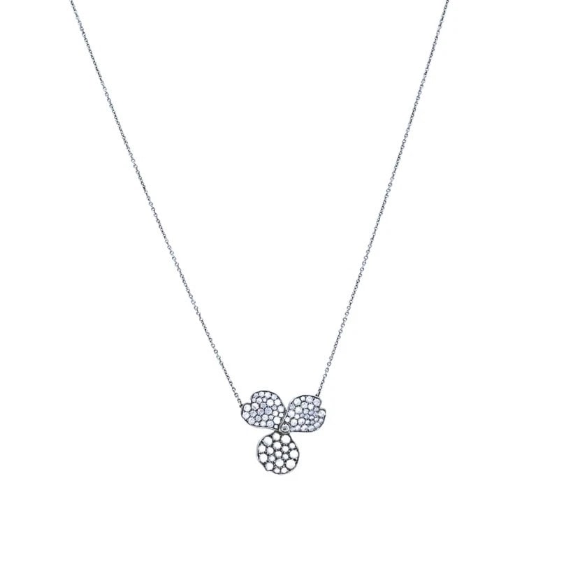 Tiffany & Co. Platinum Diamond Paper Flowers Pendant Necklace: ES ATOO Product details: DESIGNER: Tiffany & Co. MATERIALS: Platinum 950 GEMSTONE: Diamond WEIGHT: 5.6 Grams MEASUREMENTS: Length - 16” Flower - 13/16” HALLMARKS: Tiffany & Co., PT 950 ITE