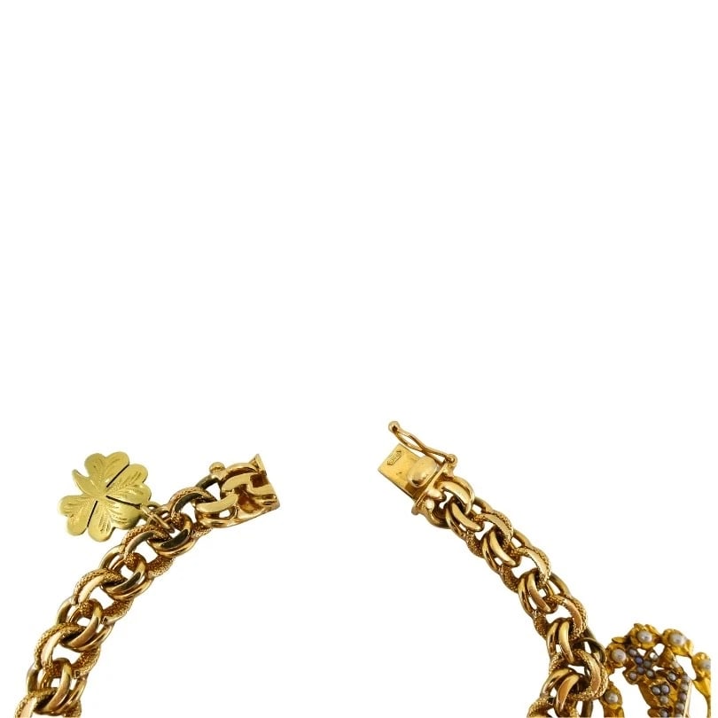 Victorian 14k Gold Link Bracelet Enamel Pearl & Engraved Charms - 12