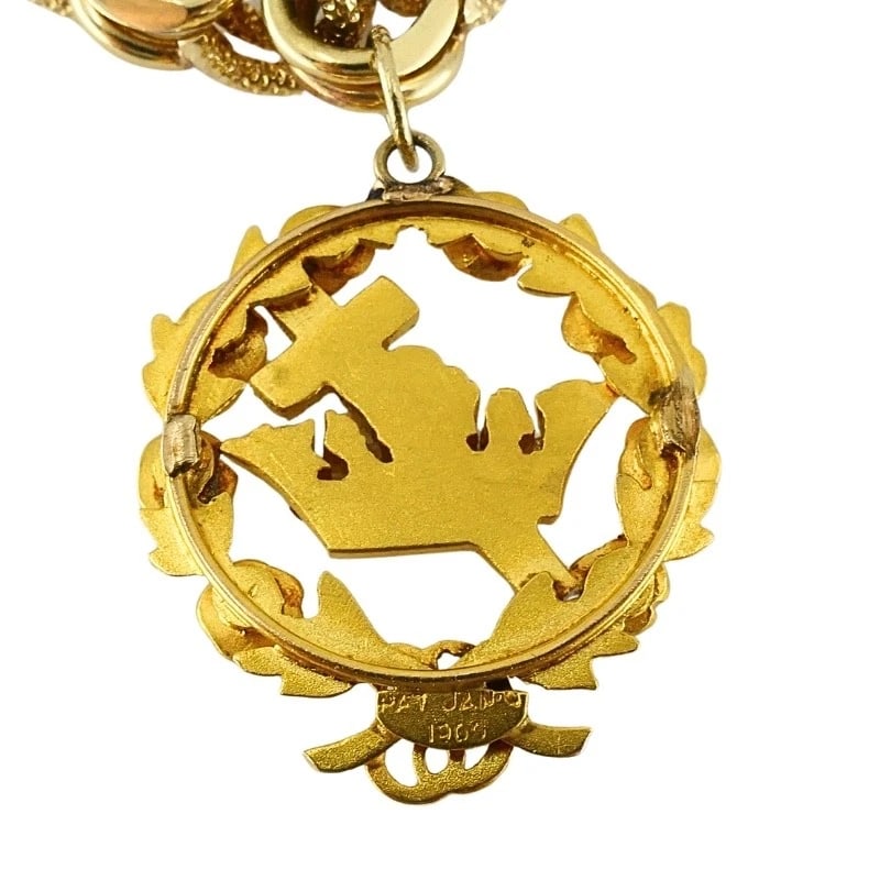 Victorian 14k Gold Link Bracelet Enamel Pearl & Engraved Charms - 16