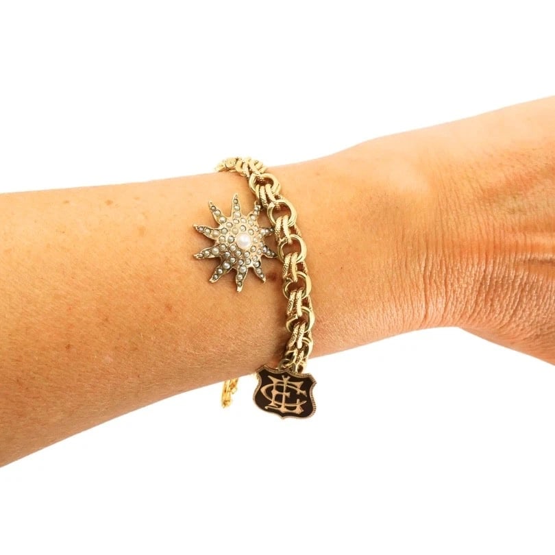 Victorian 14k Gold Link Bracelet Enamel Pearl & Engraved Charms - 3