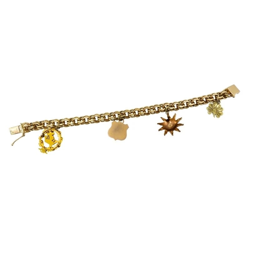 Victorian 14k Gold Link Bracelet Enamel Pearl & Engraved Charms - 5