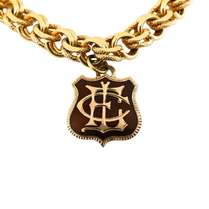 Victorian 14k Gold Link Bracelet Enamel Pearl & Engraved Charms - 7