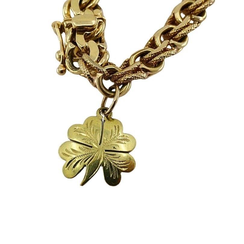 Victorian 14k Gold Link Bracelet Enamel Pearl & Engraved Charms - 9