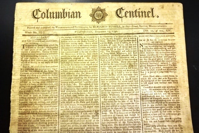 1790 Boston Newspaper Whaling Federal City: Title: 1790 Boston Newspaper Whaling Federal City Additional Info: The December 15, 1790 issue of the Columbian Centinel printed at Boston by Benjamin Russell, four pages complete. Interesting