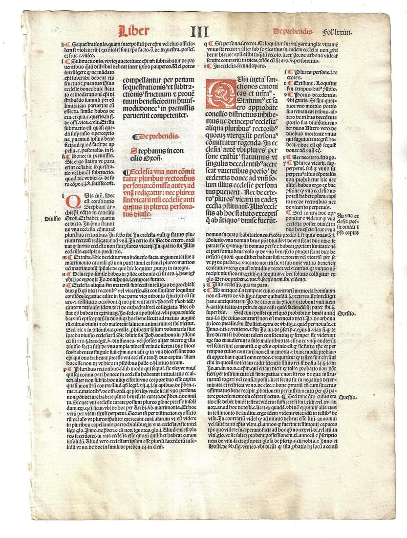 1501 Large Leaf Canterbury Laws Red and Black: Title: 1501 Large Leaf Canterbury Laws Red and Black Additional Info: A leaf from "Provinciale Seu Constitutiones Anglie", by William Lyndewood, printed at Paris by Andre Bocard in 1501. In red and