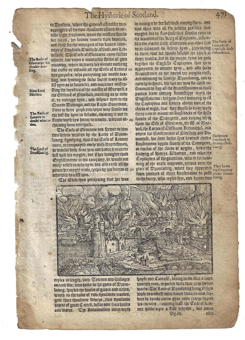 1577 Leaf Holinshed Scotland Woodcut Battle: Title: 1577 Leaf Holinshed Scotland Woodcut Battle Additional Info: A leaf from Holinshed History of Scotland, printed at London 1577. The leaf depicting a battle at the Lard of Drumlanrig in 1542.