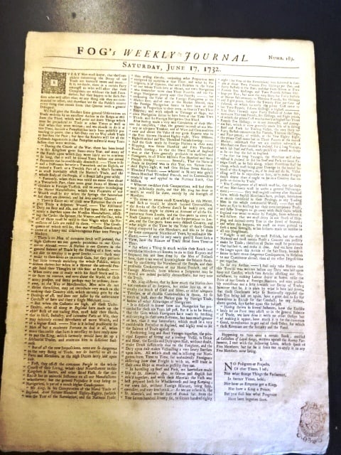 1732 Fog's Weekly Tariffs Balance of Trade: Title: 1732 Fog's Weekly Tariffs Balance of Trade Additional Info: The June 17, 1732 issue of "Fog's Weekly Journal", printed at London by J. Purser. Four pages complete including red tax stamp.