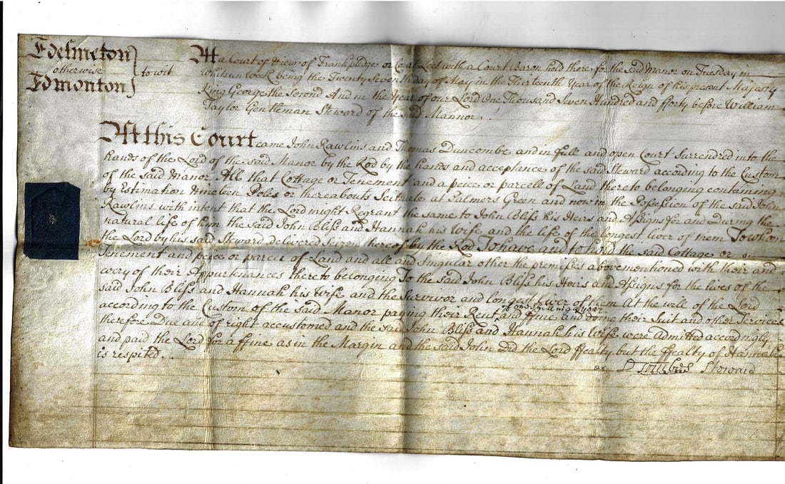 1740 English Vellum Manor Surrender Edmonton: Title: 1740 English Vellum Manor Surrender Edmonton Additional Info: Nicely penned English manor document dated 1740 before the court of Frank Pledge of the manor of Edmonton in Middlesex. In Palmer's
