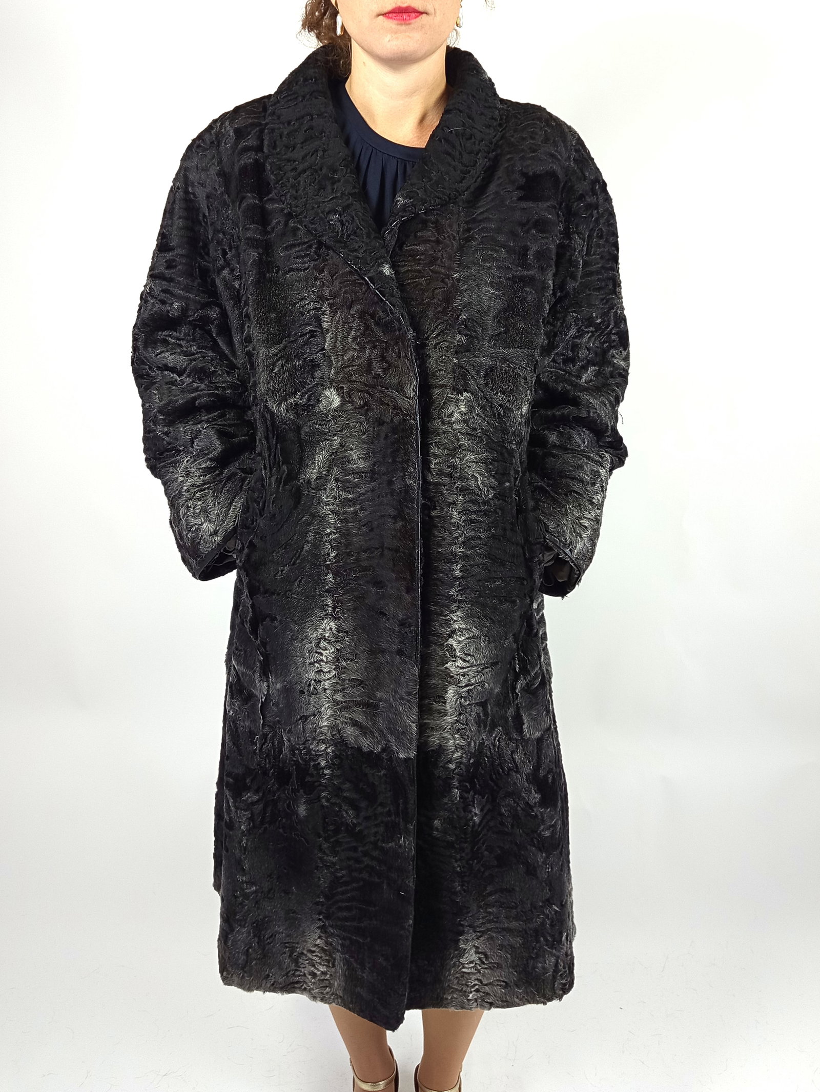 BLACK & GREY PERSIAN LAMB FUR COAT EU: XL ; US: 20 - 10